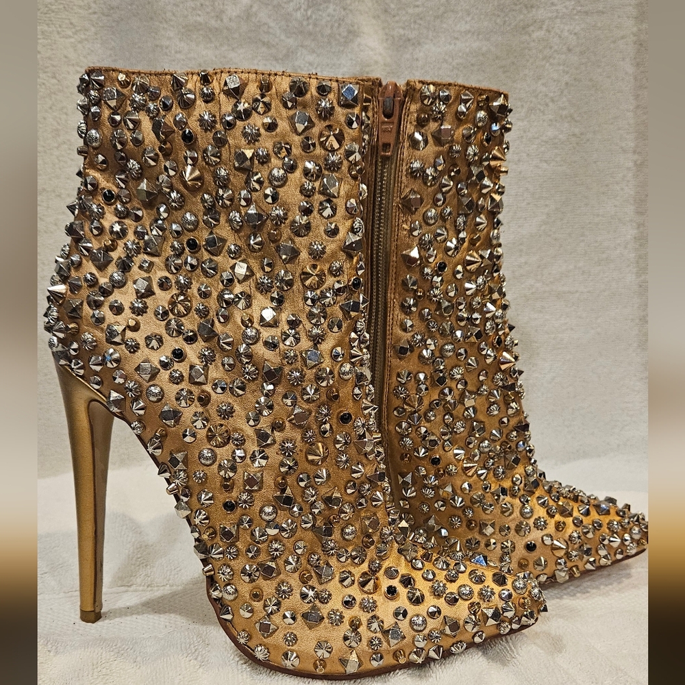 Studded Gold High-Heel Ankle Boots